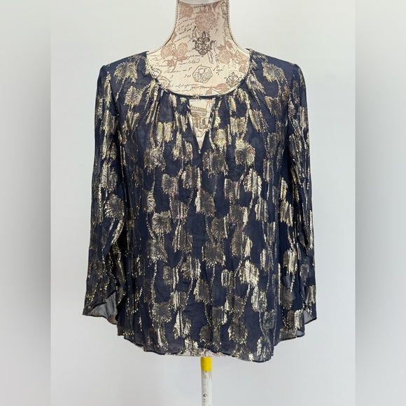 LILLY PULITZER  Sheer BECCER Silk Navy blouse with Gold palm tree design size M - Picture 3 of 16